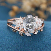 Oval cut Gray Moissanite Cluster Engagement ring Bridal Set 