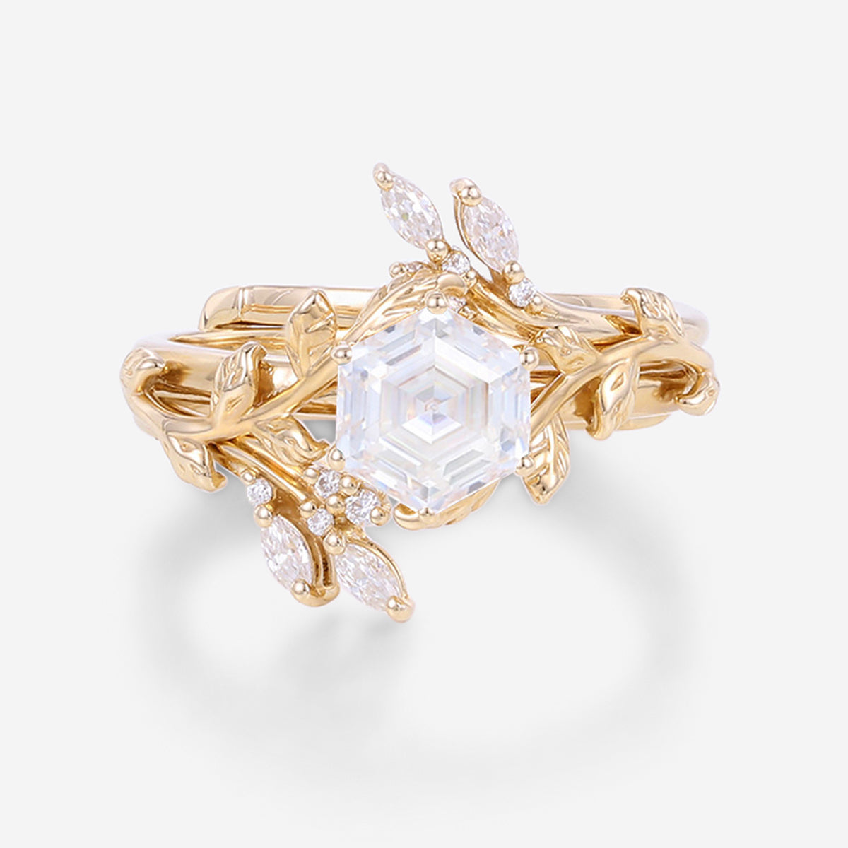 Nature Inspired Hexagon cut Moissanite Leaf Gold ring set