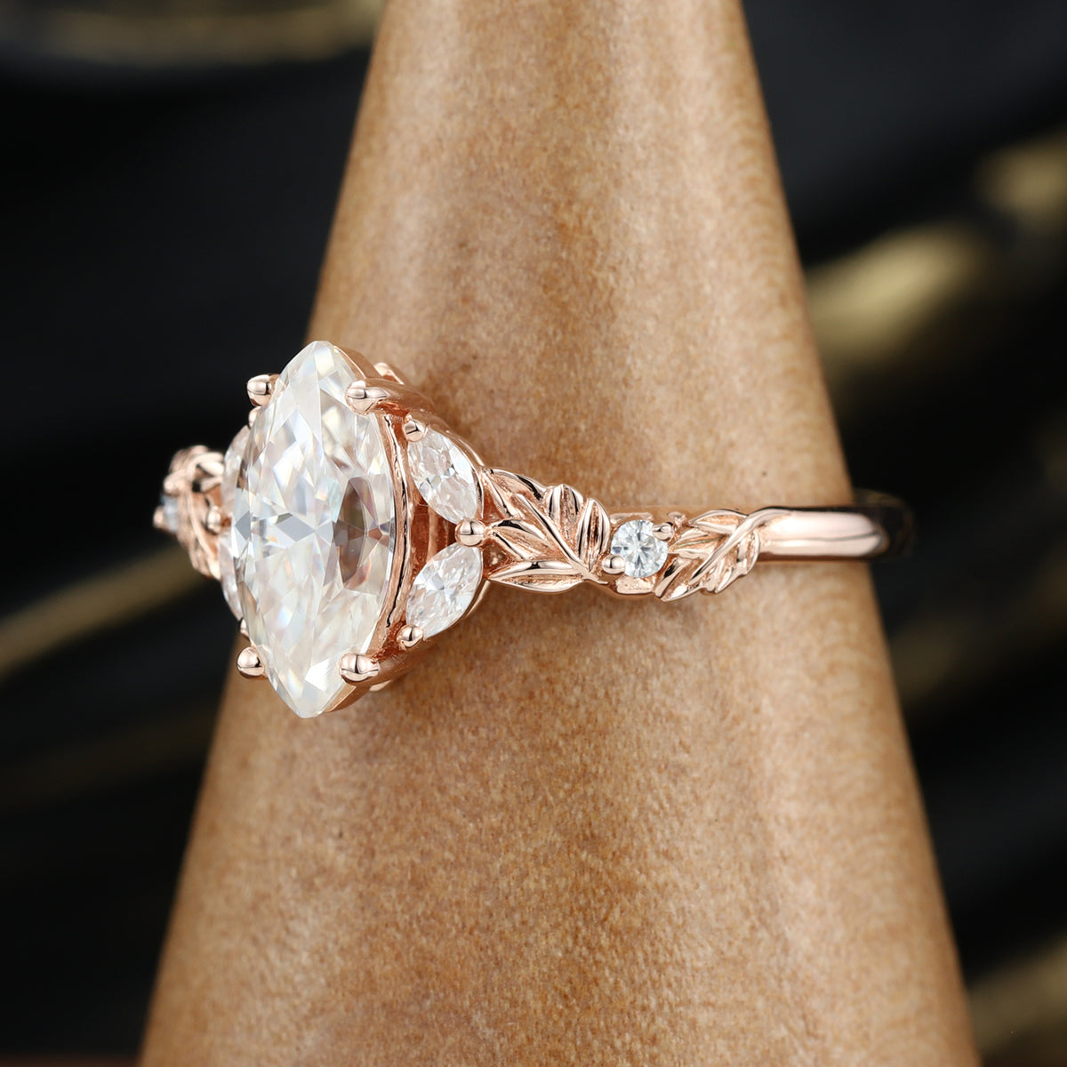 Nature Inspired Marquise cut Moissanite Leaf Gold Engagement Ring