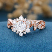 Vintage Round cut Moissanite Cluster Engagement Ring Set