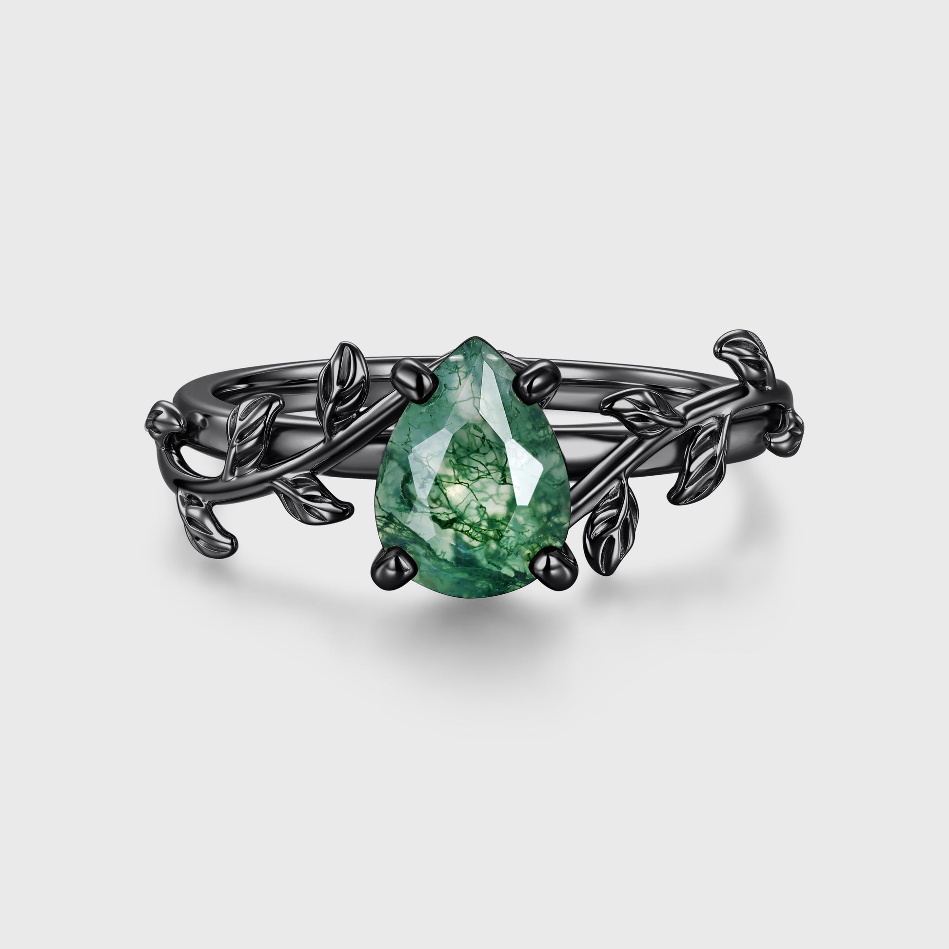 Nature Inspired Pear cut Moss Agate Leaf Gold Engagement Ring