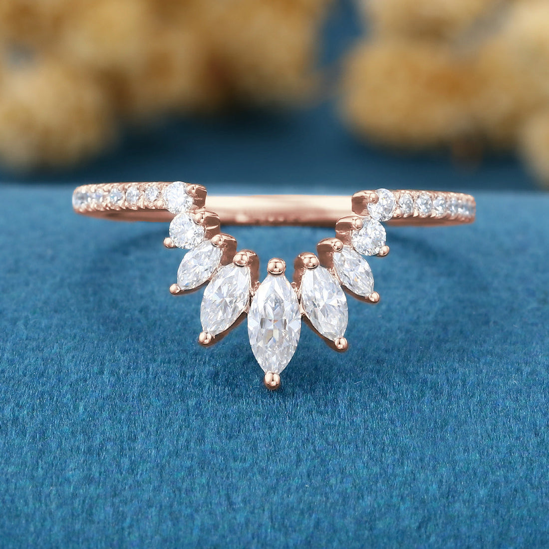 Marquise cut Moissanite  Half Eternity Diamonds Curved Wedding Band