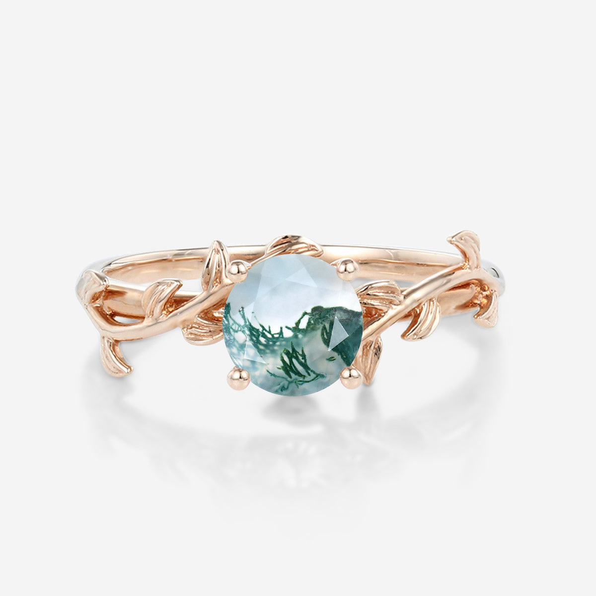 Nature Inspired Round cut Moss Agate Leaf Gold Engagement Ring