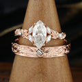 Nature Inspired Moissanite Couple Rings | D Color VS | Rose Gold Leaf Wedding Bridal Set