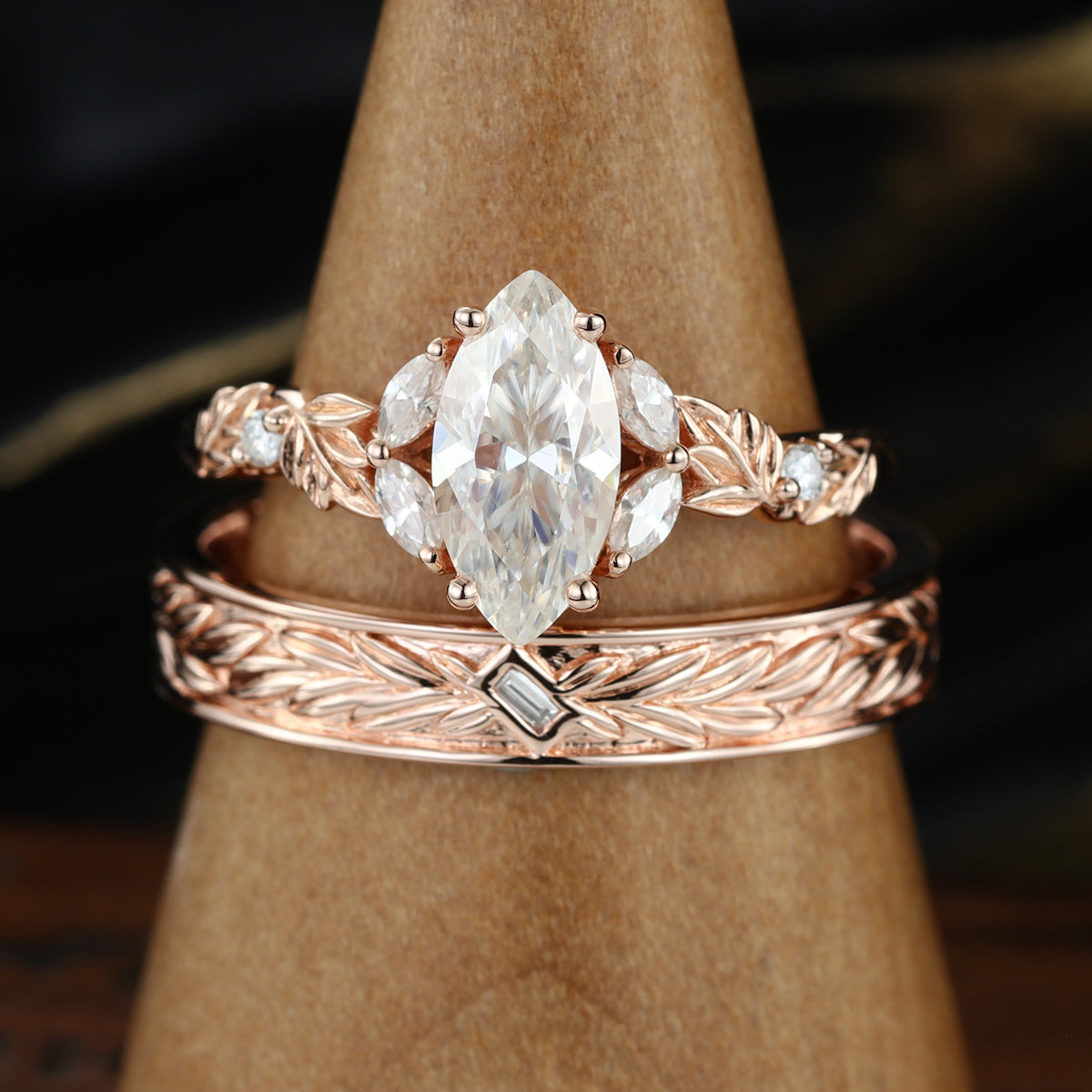 Nature Inspired Moissanite Couple Rings | D Color VS | Rose Gold Leaf Wedding Bridal Set