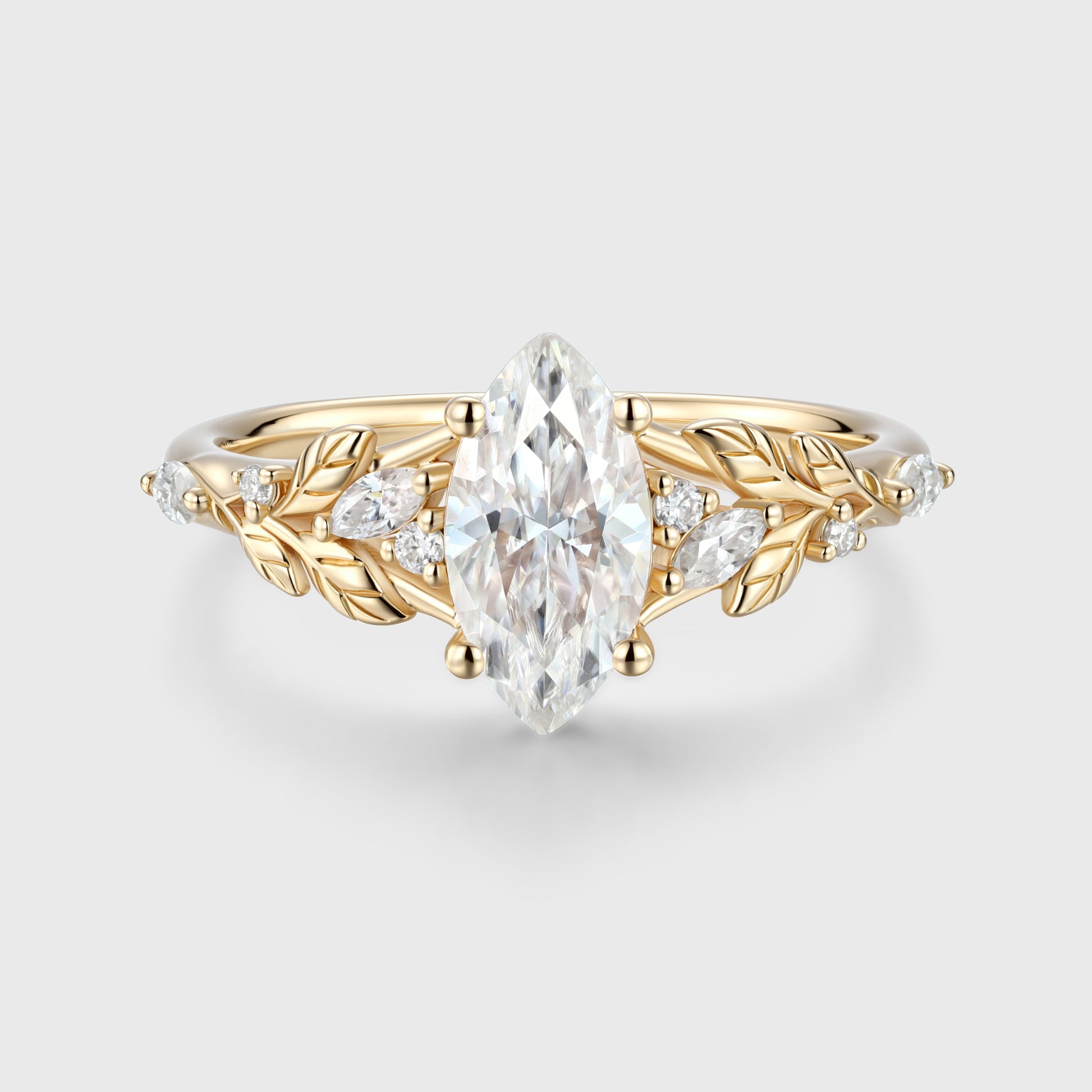 Nature Inspired Marquise cut Moissanite Leaf Gold Engagement Ring