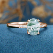 Oval Cut Natural Green Moss Agate Cluster Engagement Ring 