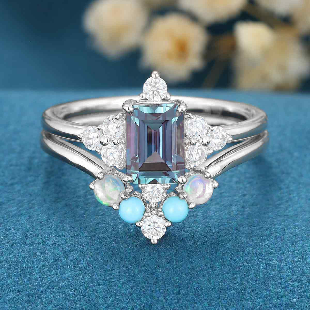 Emerald Lab Alexandrite Cluster Engagement Bridal Set