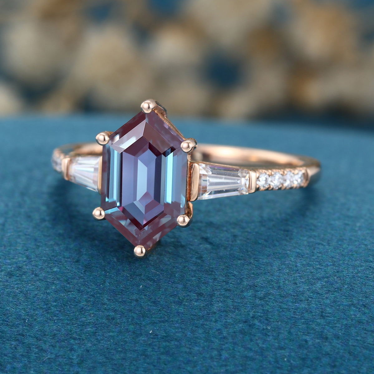 Hexagon cut Lab Alexandrite Solid Gold Engagement Ring