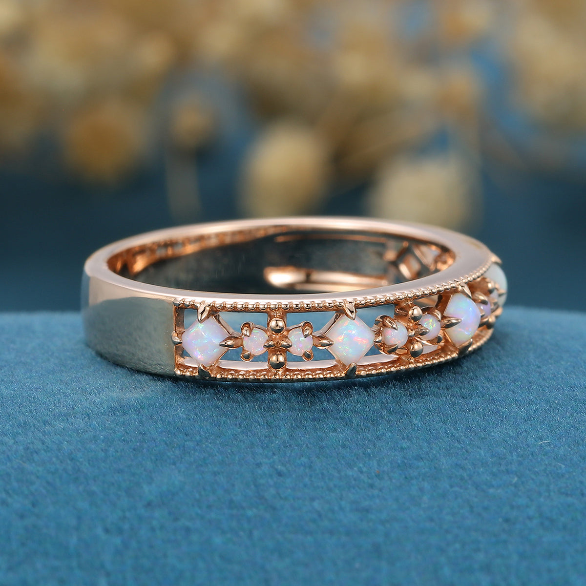 Retro Round Opal Half Eternity Wedding Band