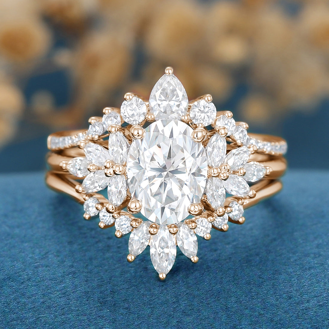 1.5Carat Oval Moissanite Cluster Engagement ring Bridal Set