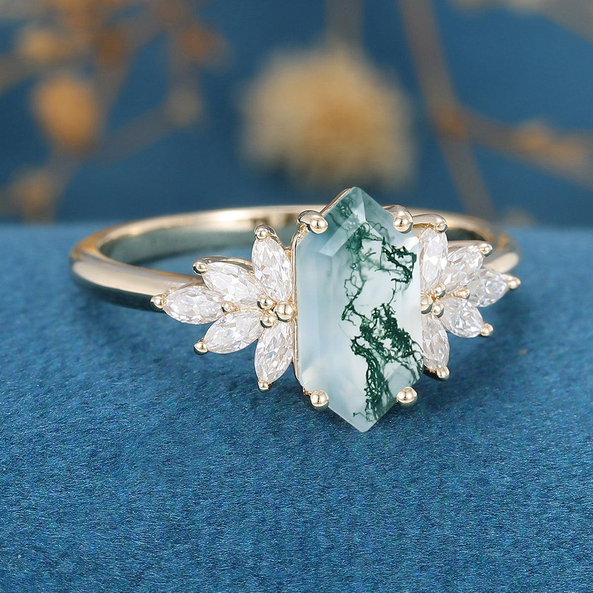 Long Hexagon Cut Natural Green Moss Agate Cluster Engagement Ring 