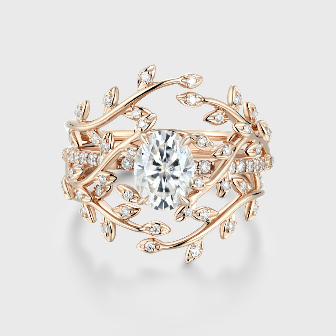 Nature Inspired Oval cut Moissanite Leaf Gold ring set