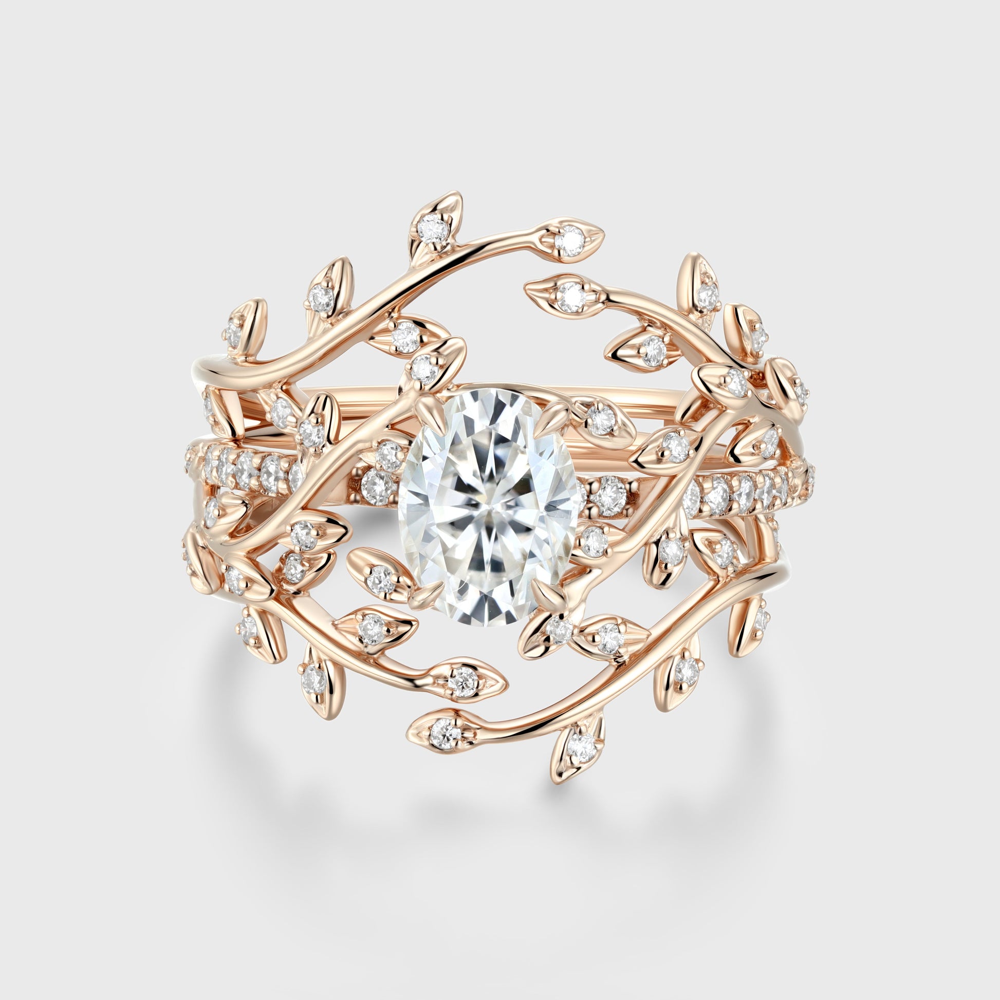 Nature Inspired Oval cut Moissanite Leaf Gold ring set