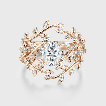 Nature Inspired Oval cut Moissanite Leaf Gold ring set