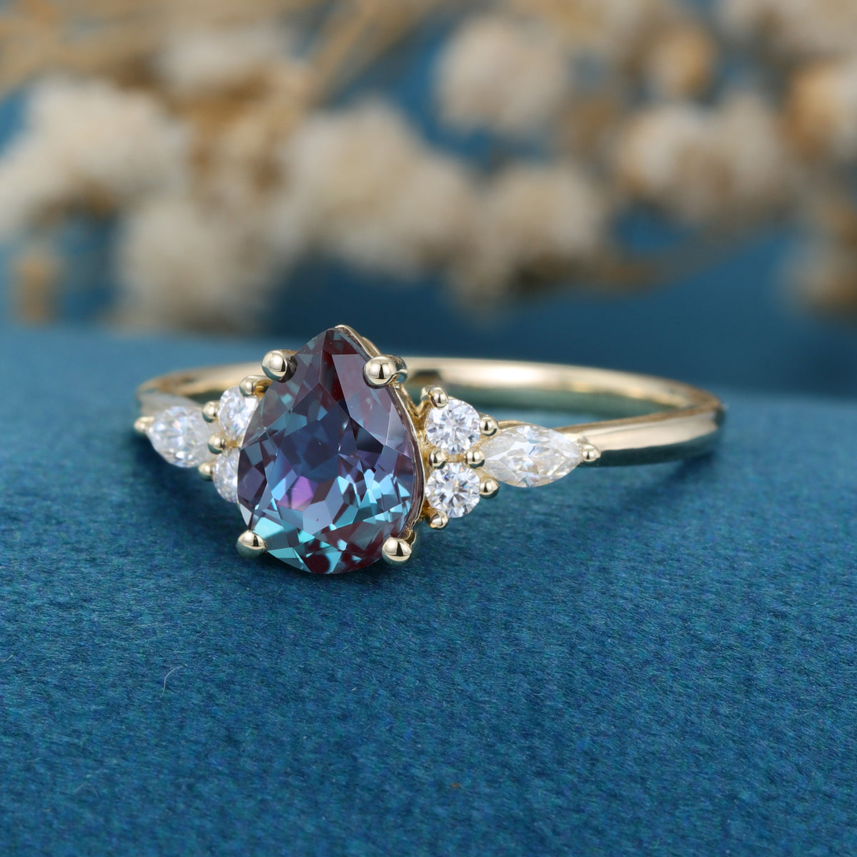 Pear shaped Lab Alexandrite Cluster Engagement ring