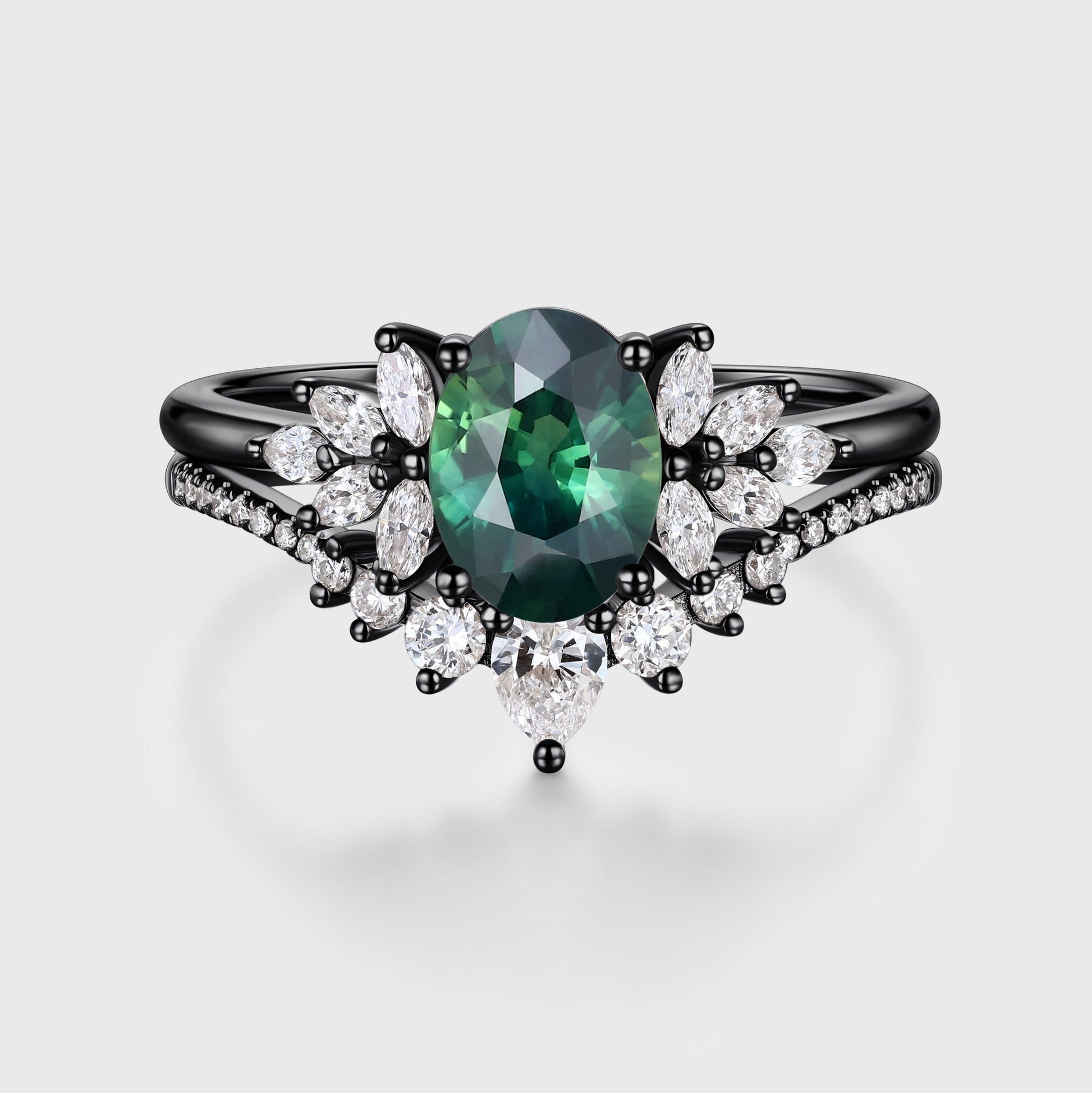 1.5Carat Oval Blue green sapphire Engagement ring Bridal Set