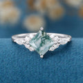 Natural Green Moss Agate Princess cut cluster Engagement Ring