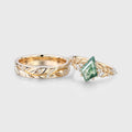 Forever Glow Moss Agate Couple Rings | Rose Gold Leaf Wedding Bridal Set