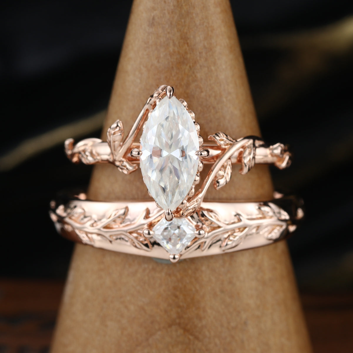 Nature Inspired Moissanite Couple Rings | D Color VVS1 | Rose Gold Leaf Wedding Bridal Set (Copy)
