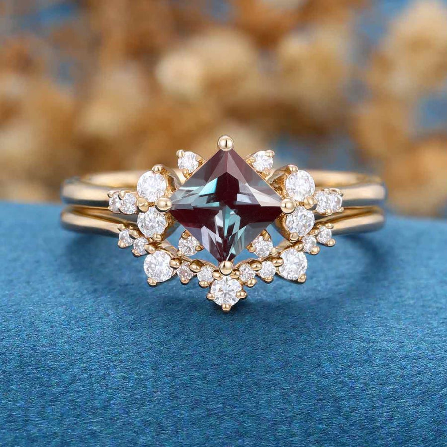 Princess cut Lab Alexandrite | Diamond Engagement Ring Bridal Set