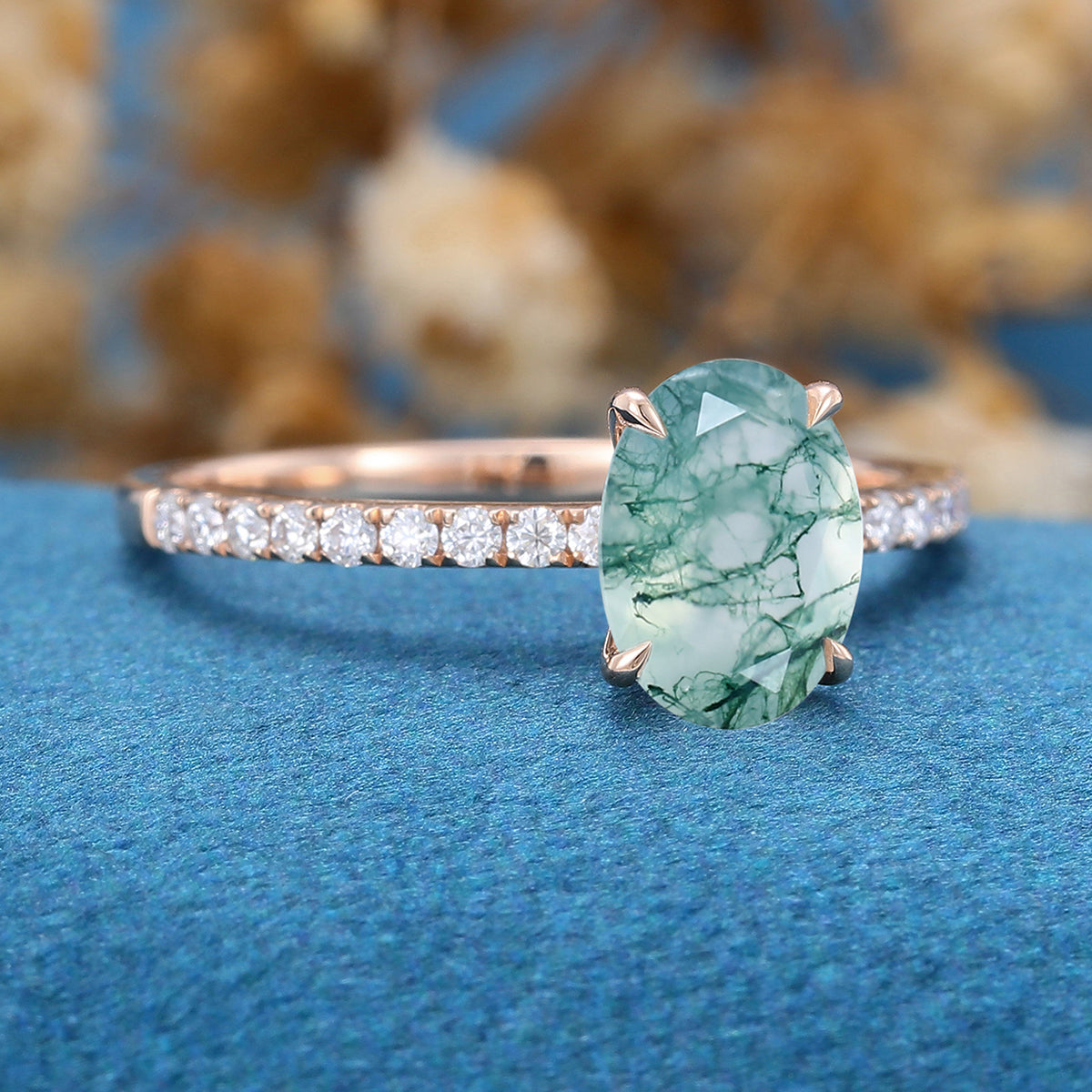 Oval Cut Natural Green Moss Agate Cluster Engagement Ring 