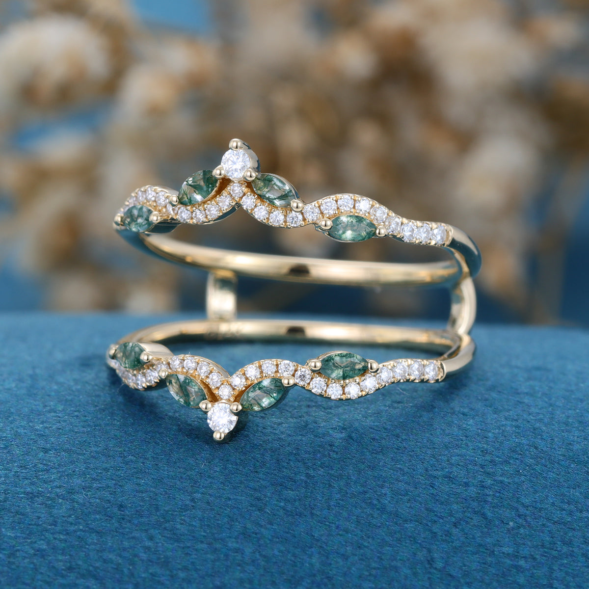 Double Moss Agate | Diamonds Curved Wedding Band