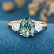 Natural Green Moss Agate Oval cut | Moissanite Engagement ring