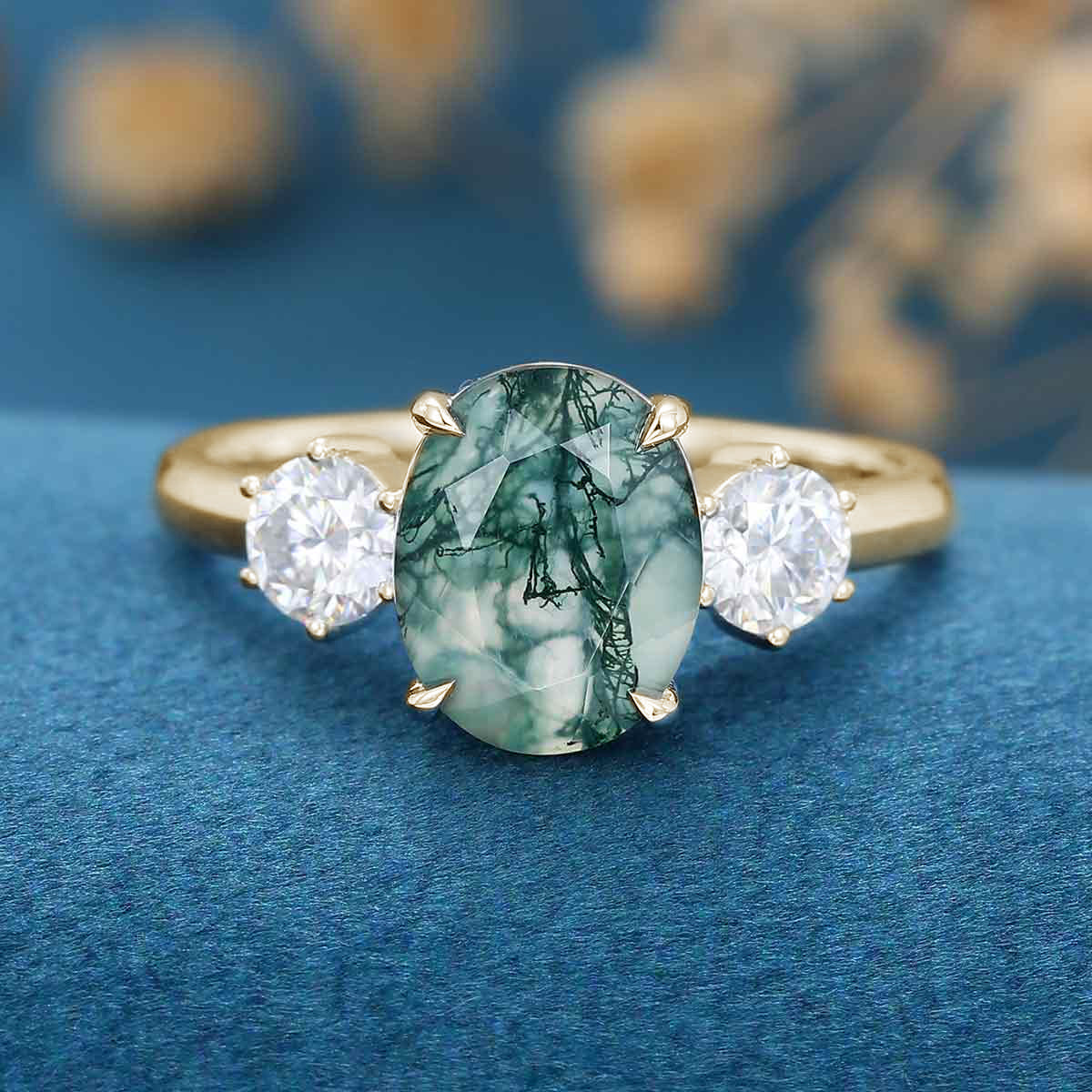 Natural Green Moss Agate Oval cut | Moissanite Engagement ring