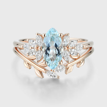 Marquise cut Aquamarine Cluste Engagement ring Bridal Set