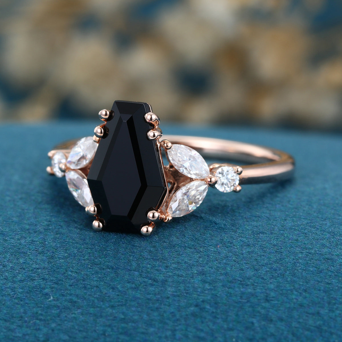 Coffin cut Black Onyx Solid Gold Engagement Ring