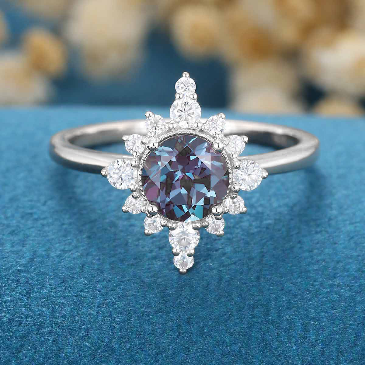 Round cut Alexandrite Halo Diamond Engagement ring