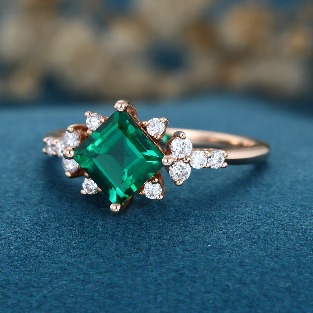 Princess cut Lab grown Emerald Solid Gold Engagement Ring