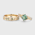 Forever Glow Moss Agate Couple Rings | Rose Gold Leaf Wedding Bridal Set