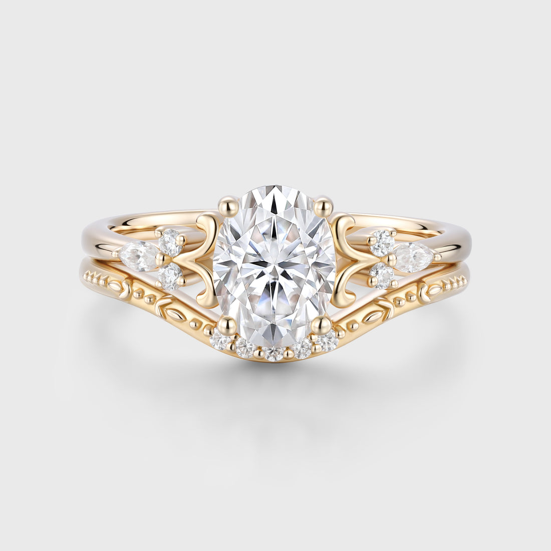 Oval cut Moissanite Side Stone Bridal Set