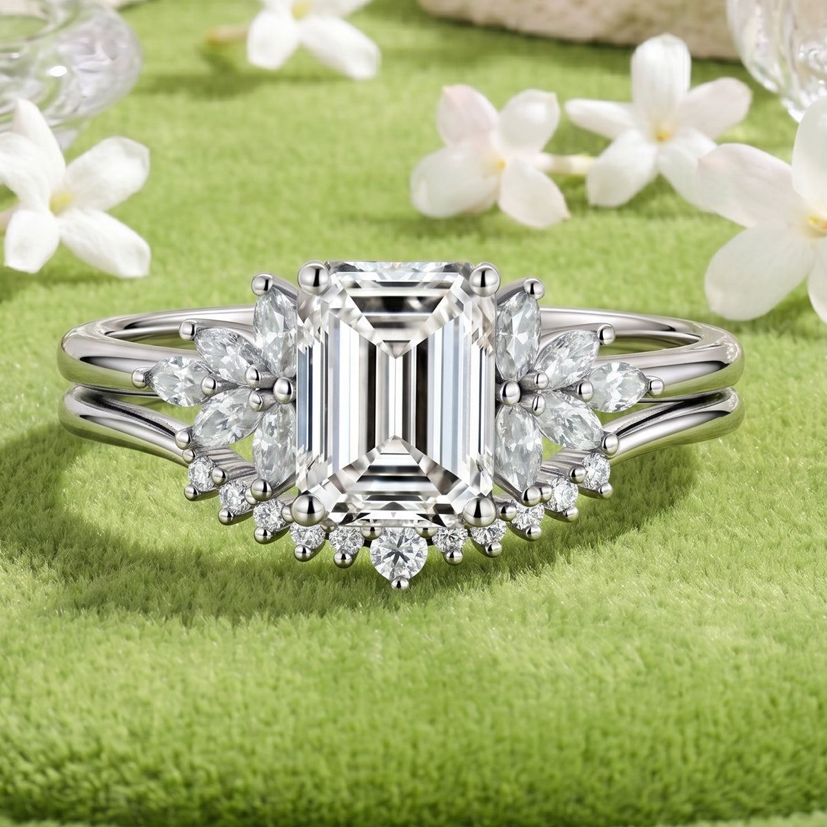 1.0CT~5.0CT Emerald cut Lab grown Diamond Cluster Engagement Ring Set