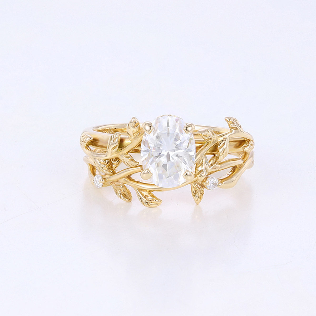 Copy of Nature Inspired Oval cut Moissanite Leaf Gold ring set