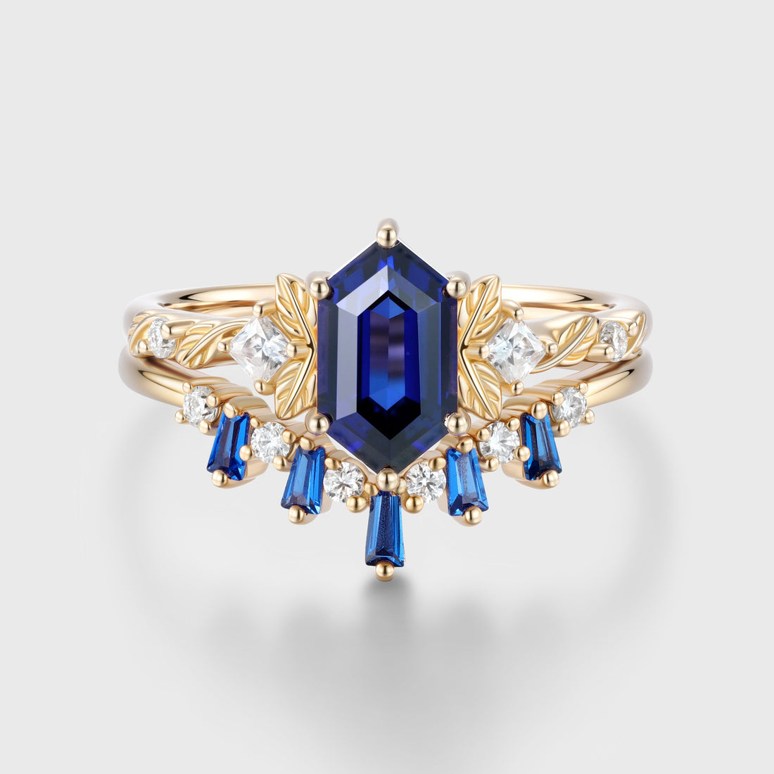 Hexagon cut Sapphire Leaf Vine Split Shank Bridal Set