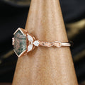 Long Hexagon cut Moss Agate Damonds Leaf Gold Engagement Ring
