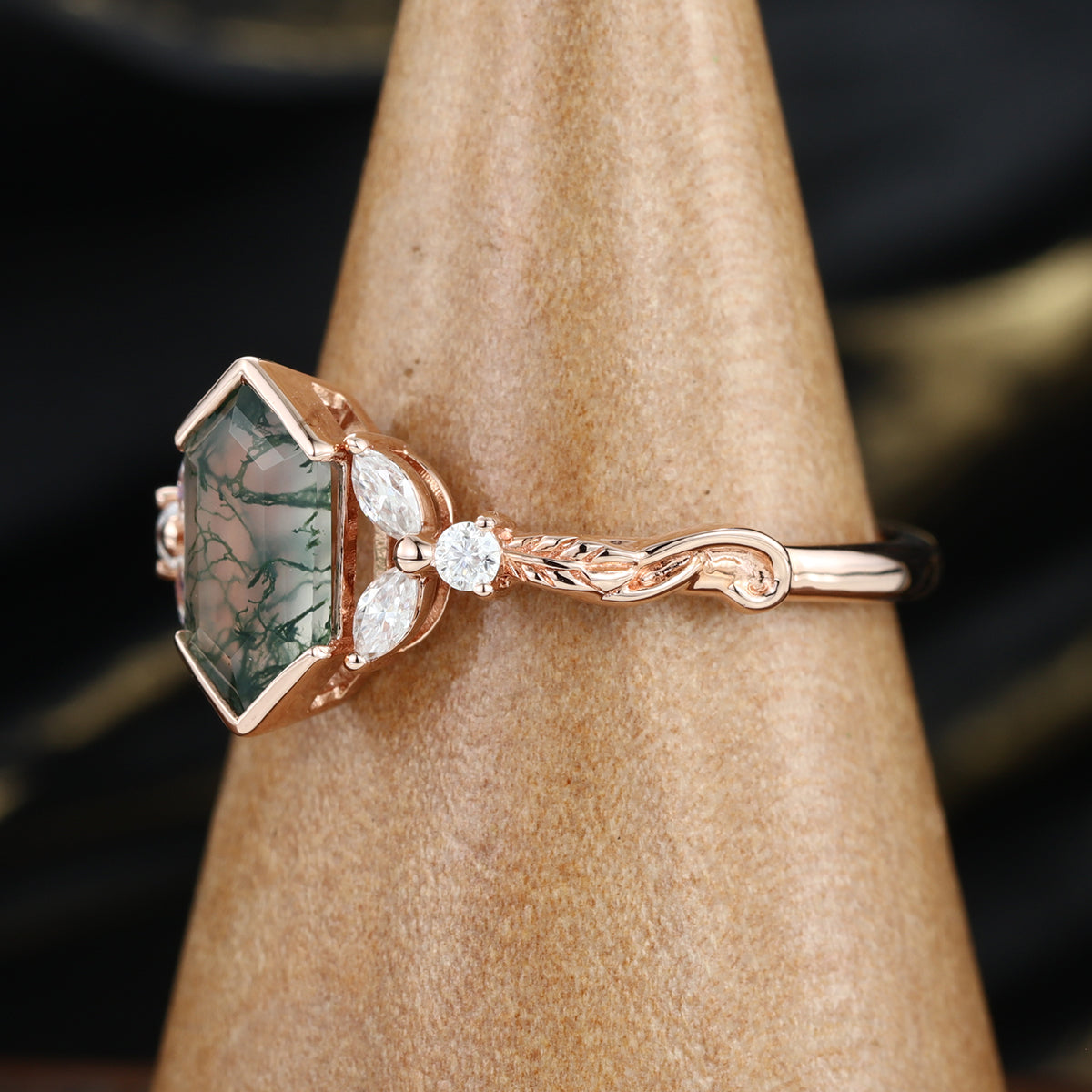 Long Hexagon cut Moss Agate Damonds Leaf Gold Engagement Ring