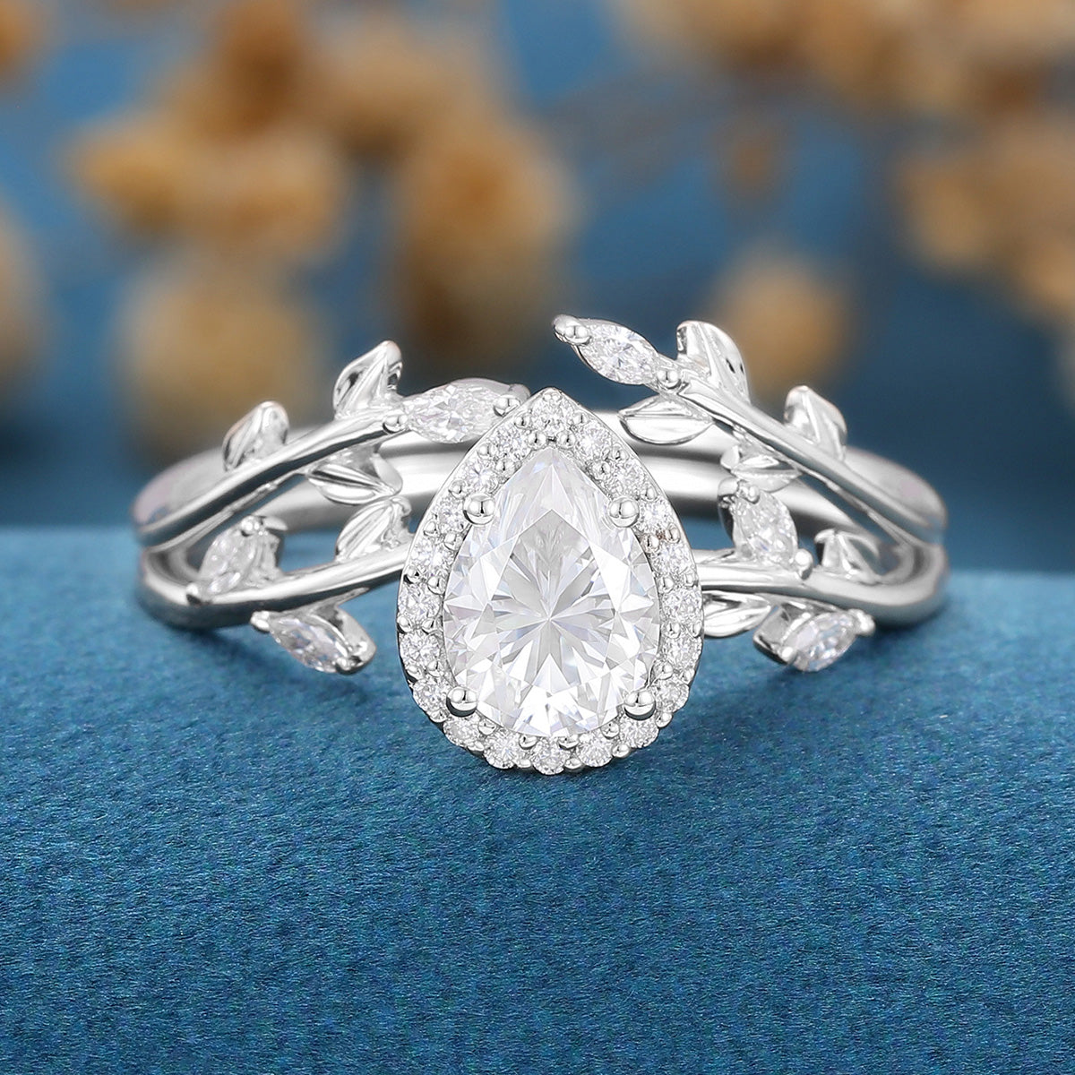 1.25 Carat Pear cut Moissanite leaf Engagement ring Bridal Set