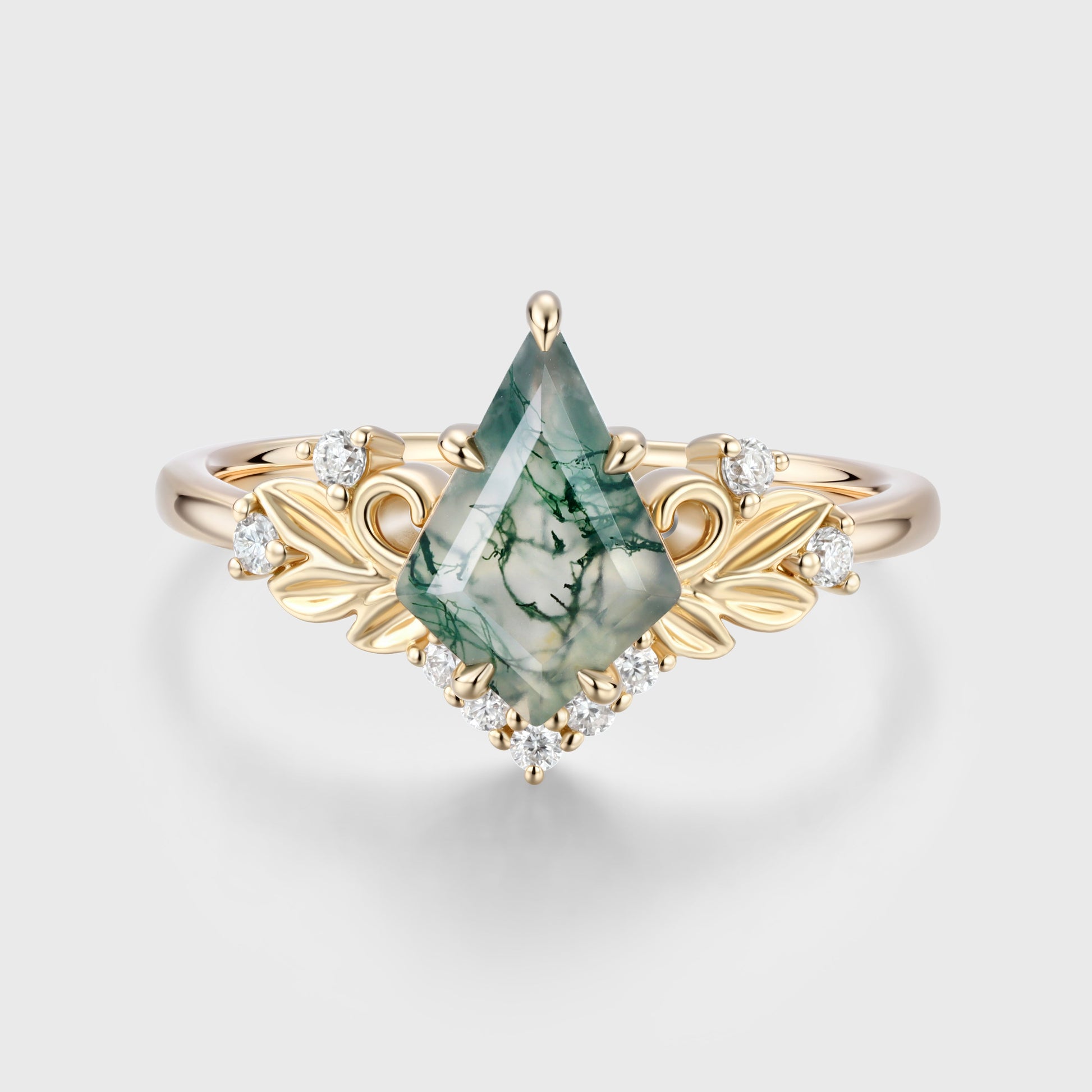 Nature Inspired Kite cut Moss Agate Leaf Gold Engagement Ring