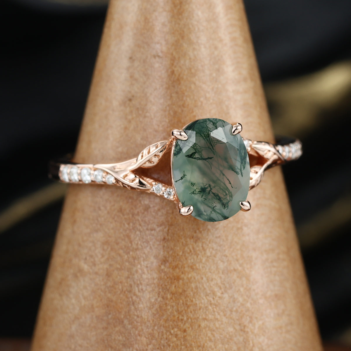 Oval cut Moss Agate Leaf Gold Pave Diamonds Engagement Ring