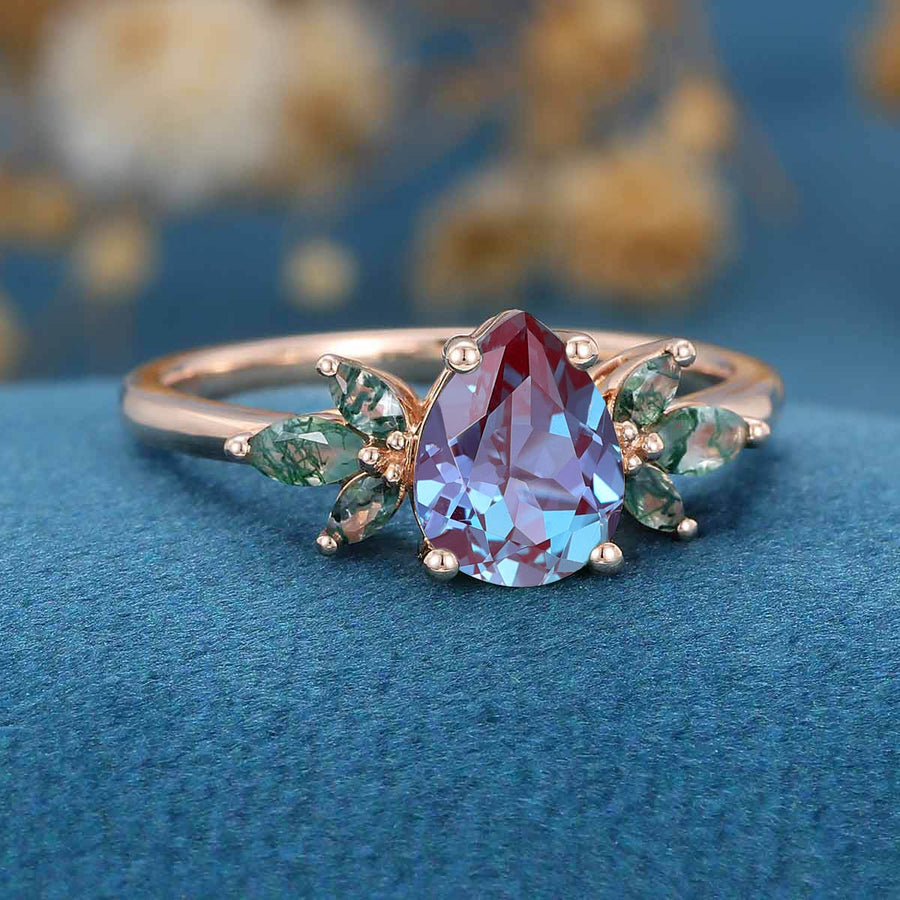 Pear cut Alexandrite  Cluster Engagement Ring 