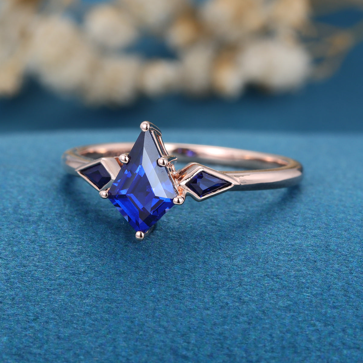 Kite Cut Lab Sapphire Yellow Gold Engagement Ring