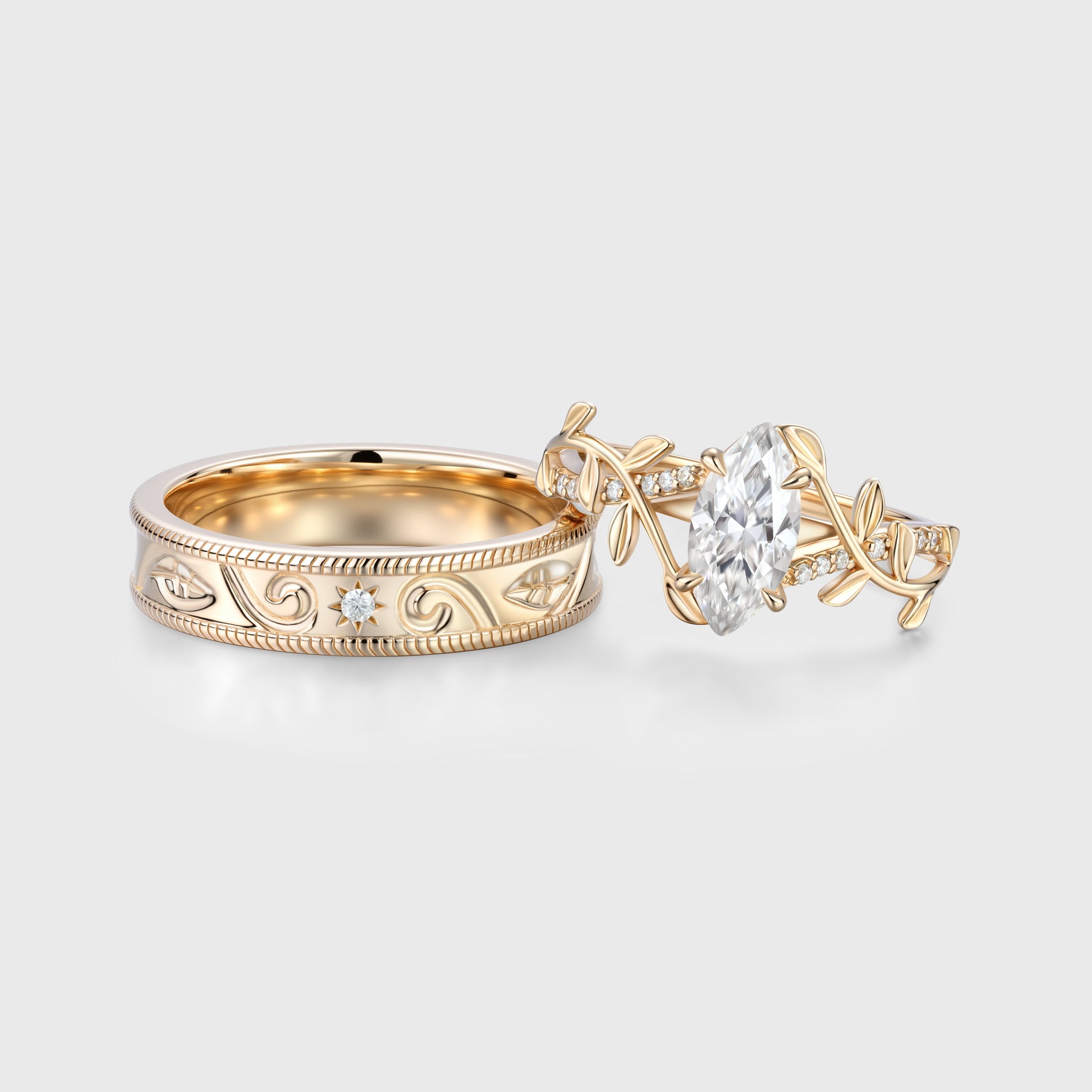 Nature Inspired Moissanite Couple Rings | D Color VVS1 | Rose Gold Leaf Wedding Bridal Set