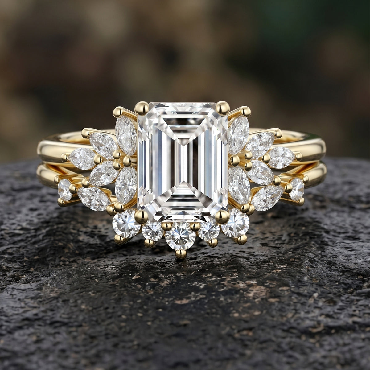 1.0CT~5.0CT Emerald cut Lab grown Diamond Cluster Engagement Ring Set
