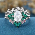 Oval cut Moissanite Matching Diamonds | Lab Grown Emerald |  Natural Pink Sapphires  Rose Gold Wedding Bridal Set