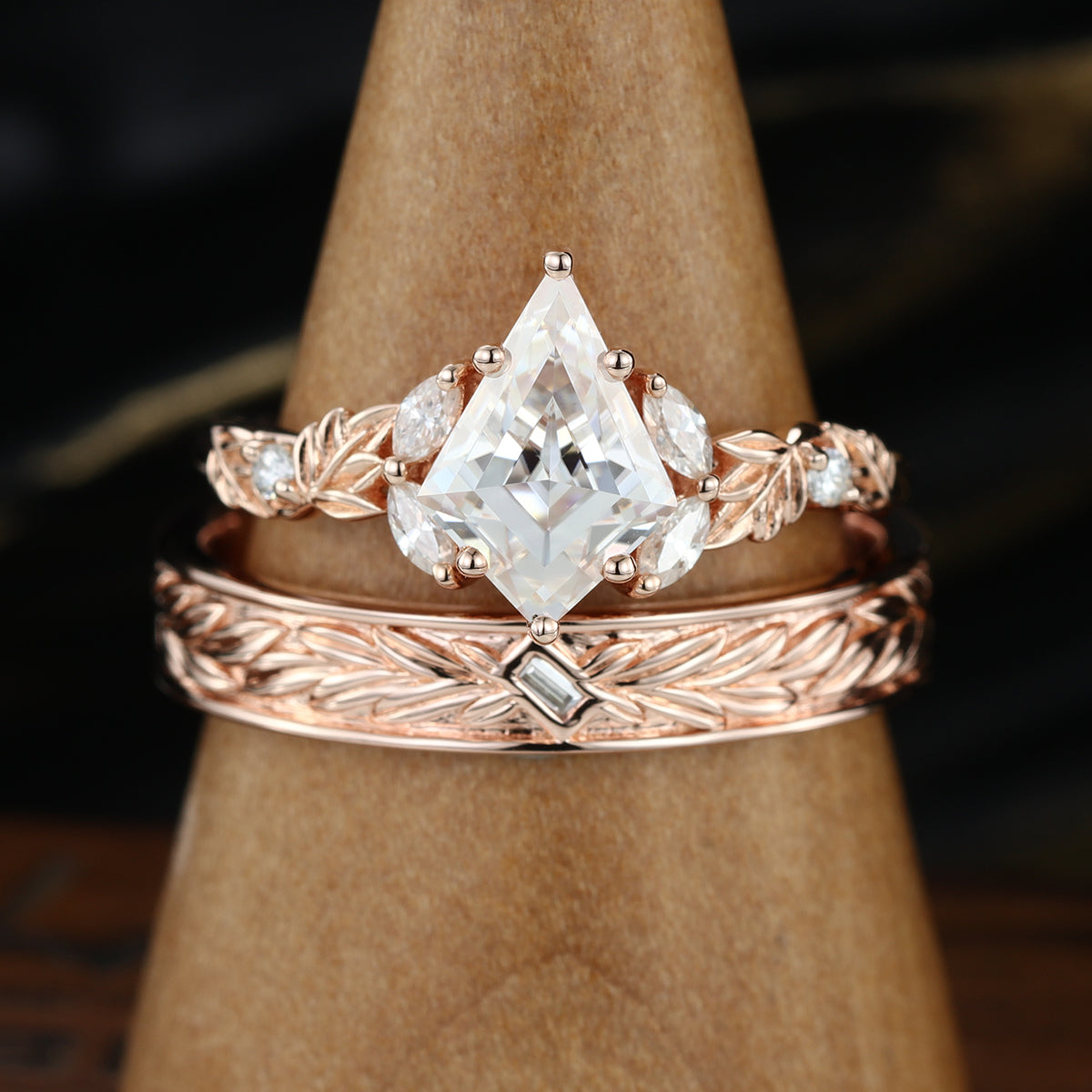 Nature Inspired Moissanite Couple Rings | D Color VVS1 | Rose Gold Leaf Wedding Bridal Set