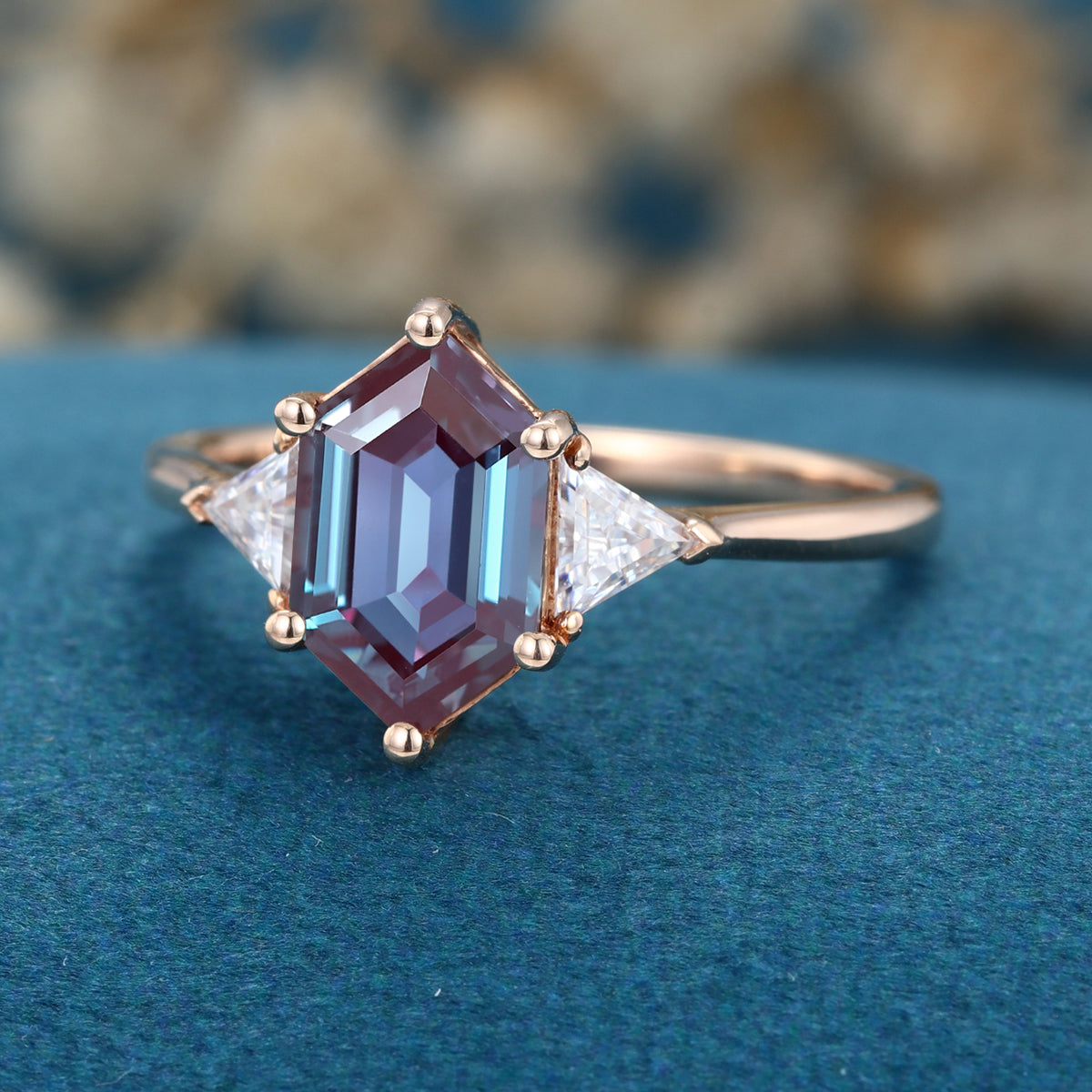 Hexagon cut Lab Alexandrite Solid Gold Engagement Ring